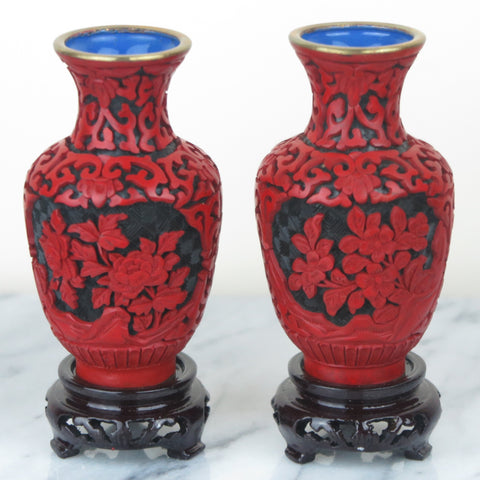 2 Chinese Carved Lacquer Cinnabar Floral Vases Red & Black Wood Stand 4"H New