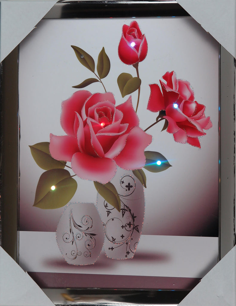 Art Still Life Flowers with Glitter & Colorful Blinking Lights Framed 13" x 17" New