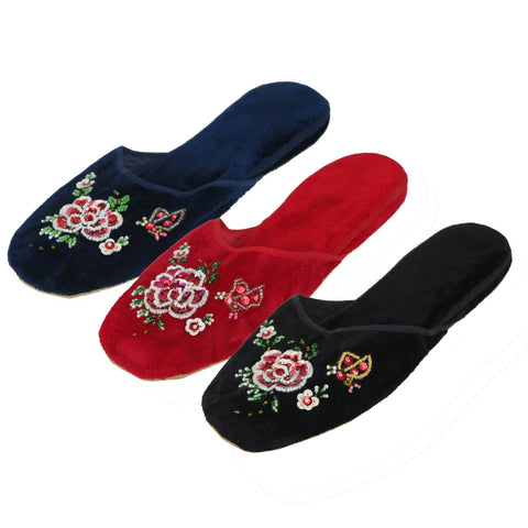 Handmade Embroidered Floral Chinese Women's Velvet Slippers Blue Red Black New