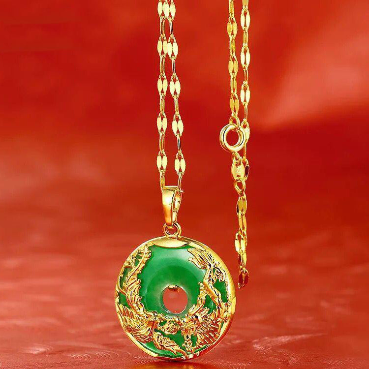 24K Gold Plated Dragon Phoenix Pendant Malaysia Jade Jewelry Chain Necklace 1"