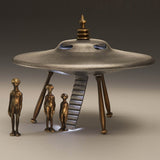 Flying Saucer w/ Alien Family of 3 Handmade Cast Bronze Aluminum Nelles 10"W New