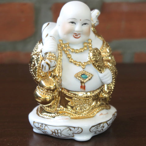 Elegant Laughing Happy Buddha Porcelain Gold Tone Chinese Figurine  4" tall New